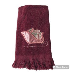 Vintage Christmas Sleigh Tea Towel Embroidered Hand Kitchen Bath Pink Burgundy